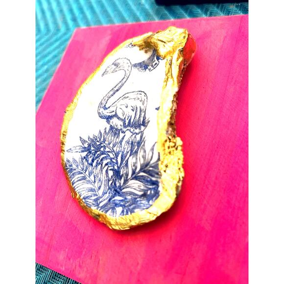 Original HandPainted Oyster Art 5x5 Wooden Block Pink Flamingo Gold Art Beach - Picture 4 of 6